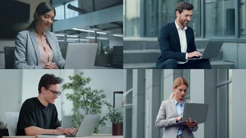 Professionals Engaged in Remote Work Across Various Modern Office Settings