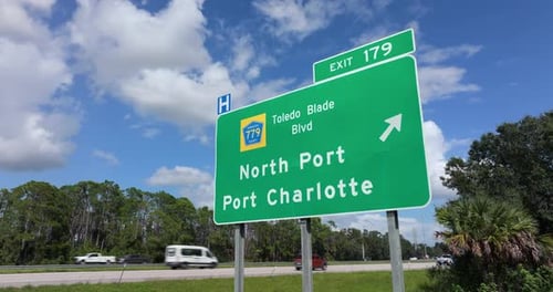 American Interstate Highway Directional Exit Sign on Fast Motorway in Florida USA I75 Freeway