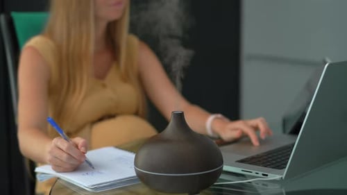 Schwangere Frau im 8.-9. Monat, die von zu Hause aus arbeitet und mit einem Laptop an einem Tisch sitzt und diskutiert
