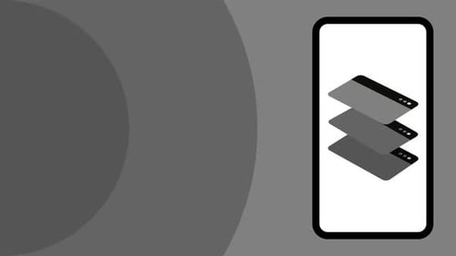 Dark Mode Phone Animation with Grayscale Stacked Windows Looping Motion on Neutral Background
