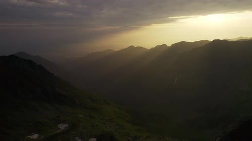 Beautiful Aerial View on Mountains Forest and Sunrise in Summer Morning