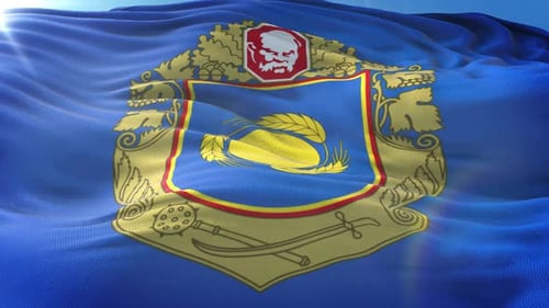 Decorative Blue Flag Waving with Gold Emblem and Wheat Animation