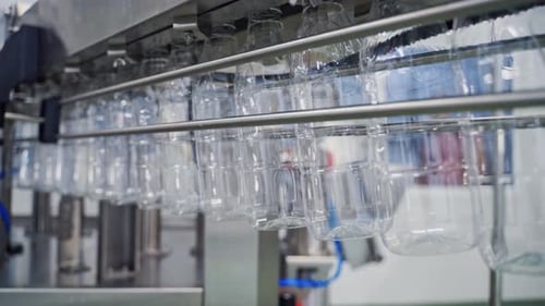 Bouteilles transparentes pures sur un tapis roulant. Convoyeur avec bouteilles vides propres dans une grande usine.