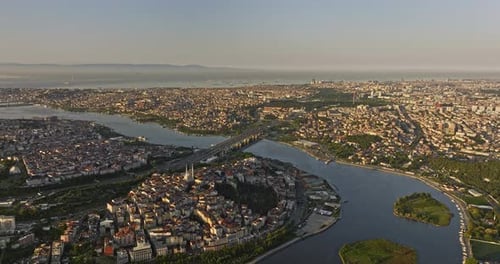 Istanbul Turkey Aerial v36 flyover beyoğlu towards eyüpsultan capturing busy traffic on haliç bridge