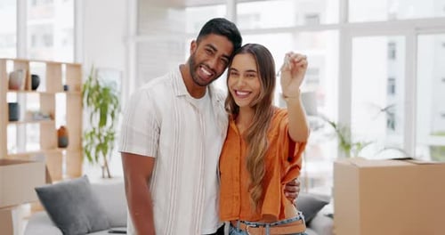 Casa nueva, llaves y rostro de pareja feliz en apartamento, propiedad y préstamo inmobiliario de residencial