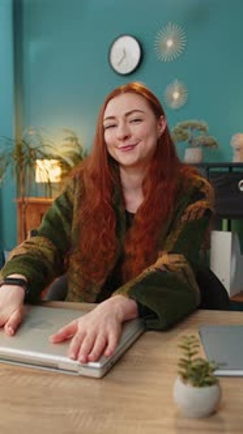 Woman Sitting at Table Closing Laptop Pc After Finishing Online Distant Work at Home Office Room