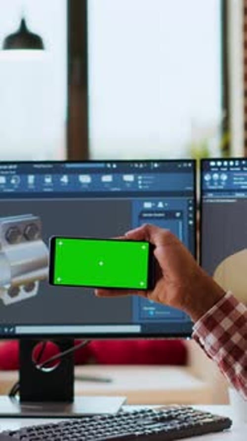 Vertical Video Male Freelance Designer Works Remotely on 3D Prototypes Using Green Screen