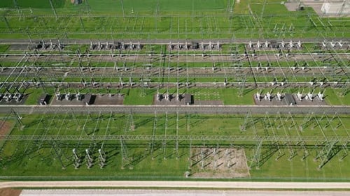 Electrical substation with high voltage power lines. Energy transmission