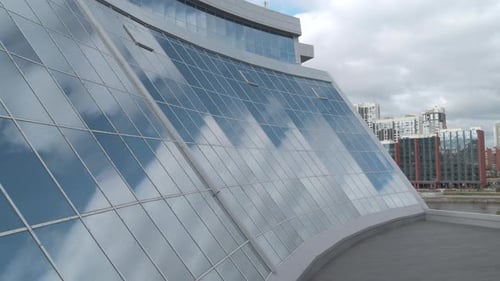 Modern Business Office Building Facade with Reflection Stock Footage Aerial View of a Glass Windows