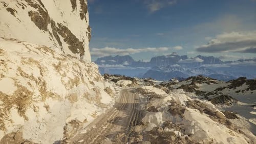 Treacherous High Altitude Mountain Road in Winter Snow