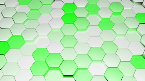 Background of green and white abstract metal hexagons moving up and down in different directions
