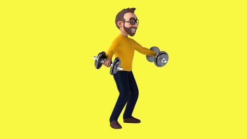 Fun 3D cartoon man lifting weights (with alpha channel included)