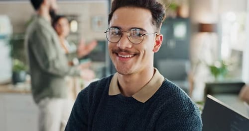 Man, office and face with happiness for coding, programing and system update as software engineer