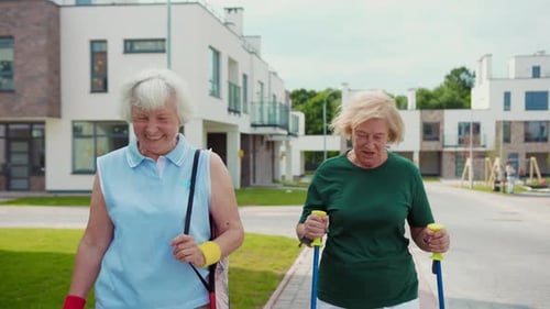 Active Seniors are Enjoying a Pleasant and Invigorating Walk Together in a Modern Neighborhood