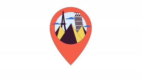 Famous monuments pin location line 2D object animation