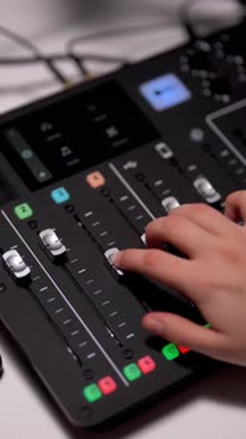 Hand Sliding Faders on Professional Sound Mixing Board