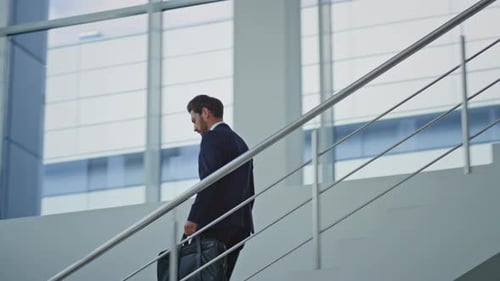 Elegant Manager Walking Downstairs Office Building Closeup Businessman Hurrying