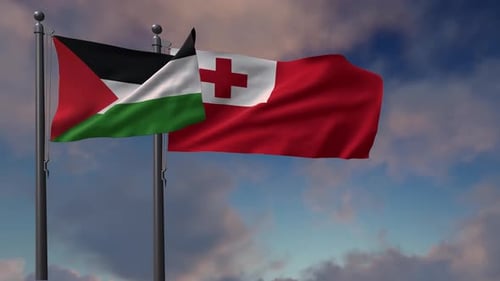 Waving Flags of Palestine and Tonga Under Blue Sky