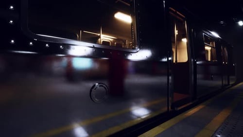 Subway Train Departing Dark Station Platform
