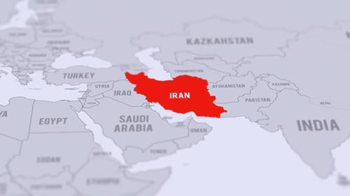 Clean 3D Animated Map Zooming Out From Iran Highlighted in Red