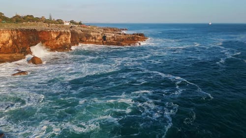 Amazing Coastal Rocky Scenery Sunny Summer Day Drone View Stormy Ocean Foaming