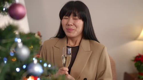 Young Adult Holding Champagne by Christmas Tree