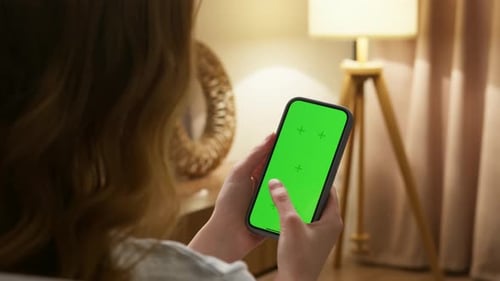 Person Use Mobile Cell Phone Green Screen Girl Scroll Like Photo Chromakey