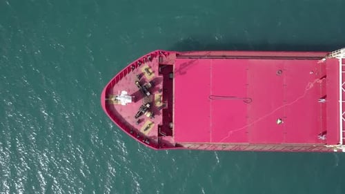 Cargo Ship at sea,Top down drone footage