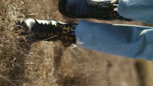 Woman Legs Going Meadow Closeup Unrecognizable Lady Walking in Autumn Nature
