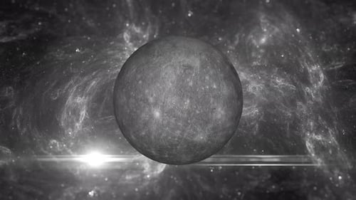 Grayscale Planet Rotating in Cosmic Space Nebula