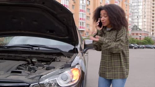 Woman Talking on Phone Next to Broken Car