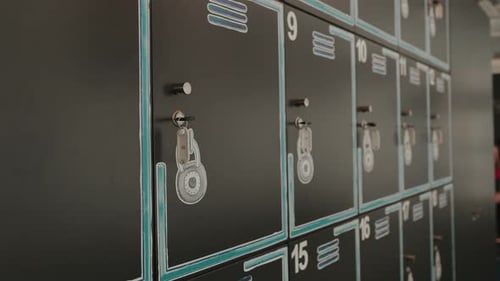 Casiers de rangement numérotés avec clés dans la rangée, gros plan