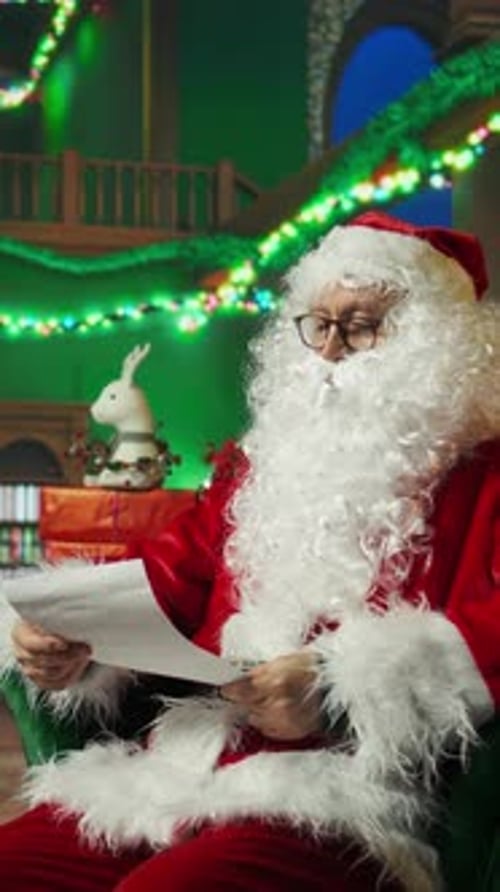 Santa Claus Reading a Letter Indoors at Christmas