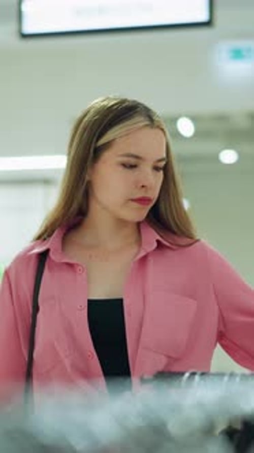 Young Lady in Pink Shirt Observes Black Tight From Clothes Rack in Mall