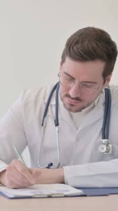 Doctor Working on Documents in Clinic, Paperwork, vertical video
