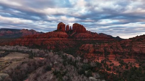 Cloudscape Over The Iconic Cathedral Rocks In Sedona, Arizona, United States. Aerial Drone Shot