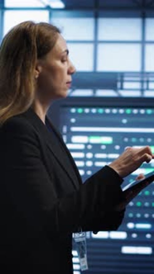 Vertical Video Technician Doing Yearly Checkup Using Tablet to Preserve Data Center Electronics