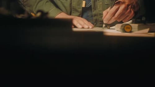 Hands of male engineer works with drawings lying sketch
