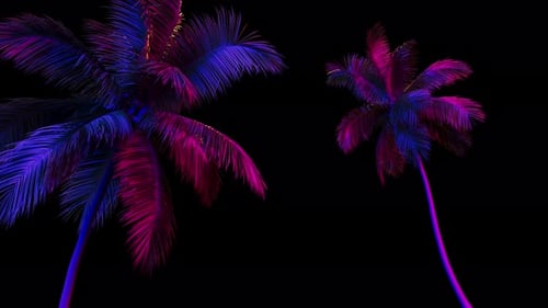 Neon Glowing Palm Trees Swaying on Black Background