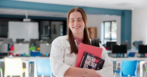 Face, student and girl with books, university and education with happiness