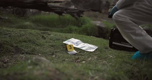 Forensic, photographer and evidence at crime scene for investigation in forest with wallet