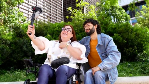 Content creators making videos outdoors with mobile phone