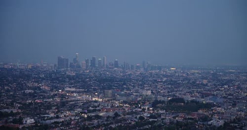Downtown Los Angeles skyline in Los Angeles, USA, at dusk