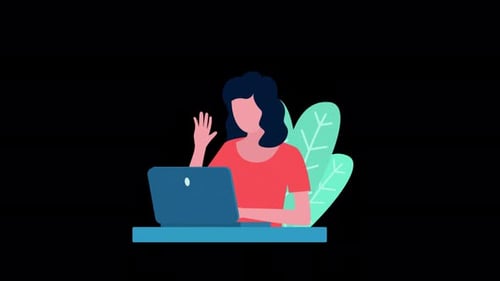 Flat Design Animation of Person Waving and Chatting on Laptop