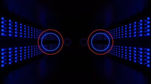 Deep Blue And Orange Digital Corridor With Bright Neon Circles Background Vj Loop In 4K