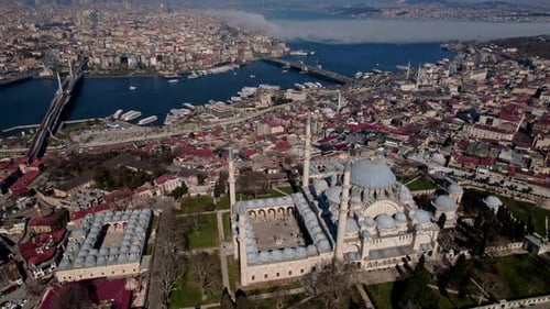 Aerial View of Historic Mosque, Coastal Inlet and Bridge in Istanbul