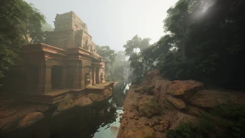 Ruhiger Tempel am Fluss, umgeben von üppiger Natur, unberührtes Heiligtum
