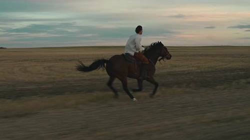Man galloping a horse in a field