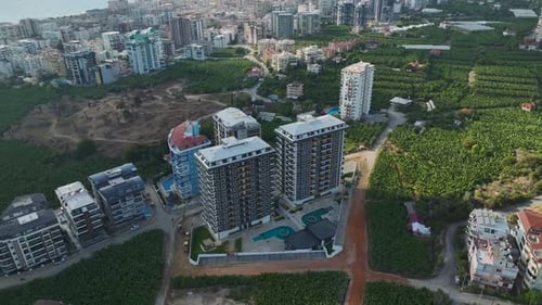 Aerial View Mediterranean Coastal Residential Complex Nearing Completion in Final Construction Stage
