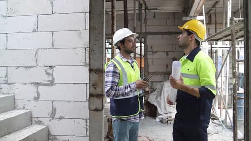 Construction Workers Discussing Project at Building Site